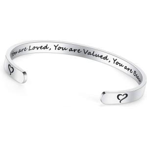 TONY & SANDY Inspirational Bracelets for Women Teen Girls Personalized Gifts for Daughter Granddaughter Mom Sister Friends Stainless Steel Engraved Cuff Birthday Easter Christmas(0 – You are loved you are valued you are beautiful)