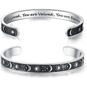 TONY & SANDY Inspirational Bracelets for Women Teen Girls Personalized Gifts for Daughter Granddaughter Mom Sister Friends Stainless Steel Engraved Cuff Birthday Easter Christmas(A – Sun & Moon – You are loved you are valued you are beautiful)