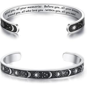 TONY & SANDY Inspirational Bracelets for Women Teen Girls Personalized Gifts for Daughter Granddaughter Mom Sister Friends Stainless Steel Engraved Cuff Birthday Easter Christmas(A – Graduation Gifts – Sun & Moon – Behind you  all your memories. Before you  all your dreams..)