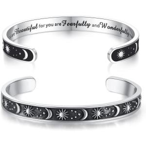 TONY & SANDY Inspirational Bracelets for Women Teen Girls Personalized Gifts for Daughter Granddaughter Mom Sister Friends Stainless Steel Engraved Cuff Birthday Easter Christmas(A – Sun & Moon – You are beautiful for you are fearfully and wonderfully made)