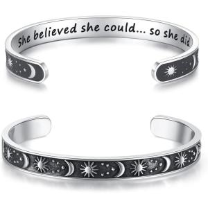 TONY & SANDY Inspirational Bracelets for Women Teen Girls Personalized Gifts for Daughter Granddaughter Mom Sister Friends Stainless Steel Engraved Cuff Birthday Easter Christmas(A – Sun & Moon – She believed she could so she did)