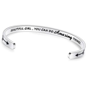 TONY & SANDY Inspirational Bracelets for Women Teen Girls Personalized Gifts for Daughter Granddaughter Mom Sister Friends Stainless Steel Engraved Cuff Birthday Easter Christmas(0 – Beautiful girl  you can do amazing things)