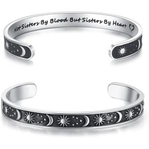 TONY & SANDY Inspirational Bracelets for Women Teen Girls Personalized Gifts for Daughter Granddaughter Mom Sister Friends Stainless Steel Engraved Cuff Birthday Easter Christmas(A – Sister Gifts – Sun & Moon – Not sisters by blood but sisters by heart)
