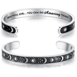 TONY & SANDY Inspirational Bracelets for Women Teen Girls Personalized Gifts for Daughter Granddaughter Mom Sister Friends Stainless Steel Engraved Cuff Birthday Easter Christmas(A – Sun & Moon – Beautiful you can do amazing things)