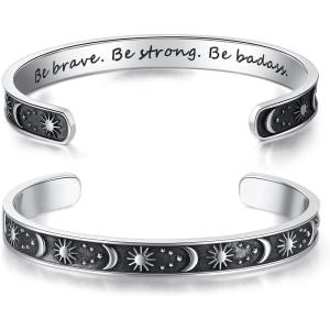TONY & SANDY Inspirational Bracelets for Women Teen Girls Personalized Gifts for Daughter Granddaughter Mom Sister Friends Stainless Steel Engraved Cuff Birthday Easter Christmas(A – Sun & Moon – Be brave be strong be badass)