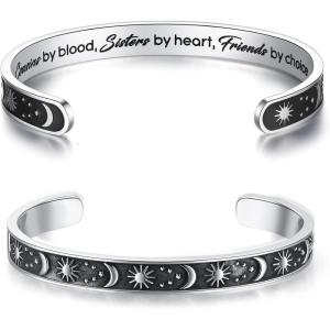 TONY & SANDY Inspirational Bracelets for Women Teen Girls Personalized Gifts for Daughter Granddaughter Mom Sister Friends Stainless Steel Engraved Cuff Birthday Easter Christmas(A – Cousin Gifts – Sun & Moon – Cousins by blood sisters by heart friends by choice)