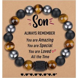 TONY & SANDY Natural Stone Bracelets for Men, Boys, Son, Grandson, Nephew, Boyfriend, Dad, Step Dad – Birthday Christmas Easter Gifts for Teens Boys Him Men Adults(To My Son)