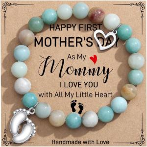 TONY & SANDY New Mom Christmas Gifts, Bead Bracelets for First Time Mom Gifts on Mother’s Day, Birthday, Stocking Stuffers(First Mother’s Day – Amazonite)
