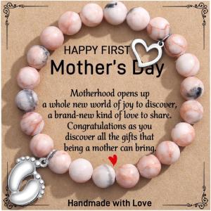 TONY & SANDY New Mom Christmas Gifts, Bead Bracelets for First Time Mom Gifts on Mother’s Day, Birthday, Stocking Stuffers(First Mother’s Day – Pink Zebra Jasper)