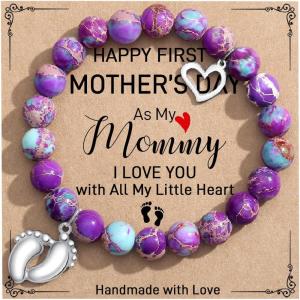 TONY & SANDY New Mom Christmas Gifts, Bead Bracelets for First Time Mom Gifts on Mother’s Day, Birthday, Stocking Stuffers(Imperial Jasper -First Mother’s Day – A)