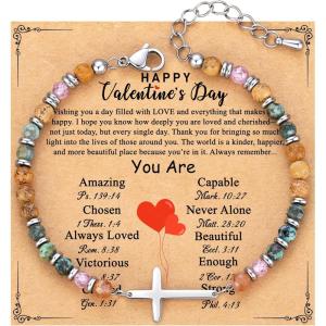 TONY & SANDY Christian Cross Bracelet for Women, Valentine’s Day Gifts for Her, Confirmation Baptism Easter Gifts, Unique Gift for Friends Daughter Mom Sister in Christ Birthday Christmas(Happy Valentine’s Day)