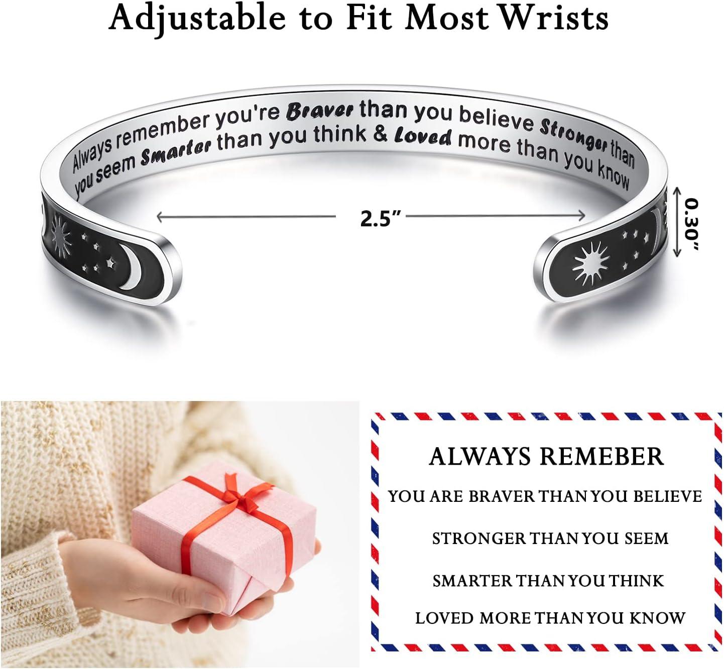 imageTONY amp SANDY Inspirational Bracelets for Women Teen Girls Personalized Gifts for Daughter Granddaughter Mom Sister Friends Stainless Steel Engraved Cuff Birthday Easter ChristmasA Sun Moon Always remember youre braver than you believe