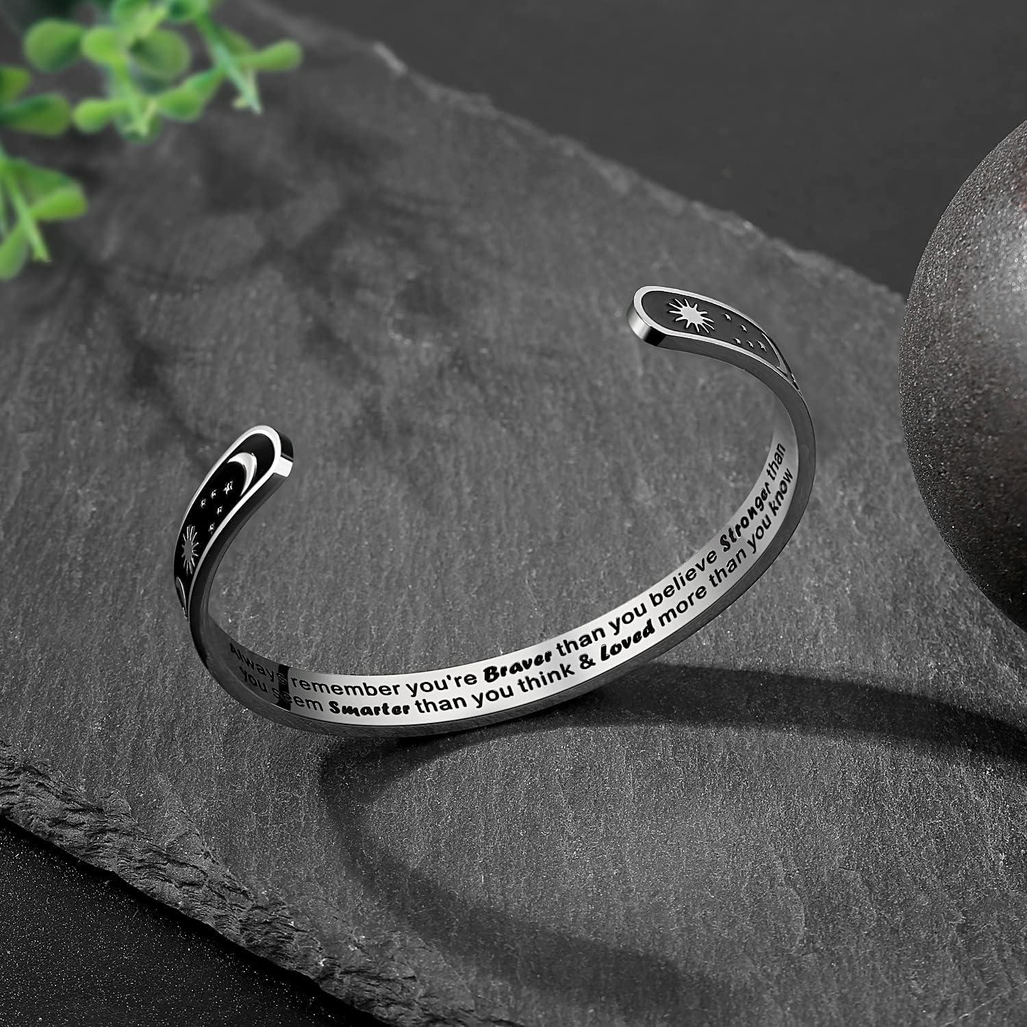imageTONY amp SANDY Inspirational Bracelets for Women Teen Girls Personalized Gifts for Daughter Granddaughter Mom Sister Friends Stainless Steel Engraved Cuff Birthday Easter ChristmasA Sun Moon Always remember youre braver than you believe
