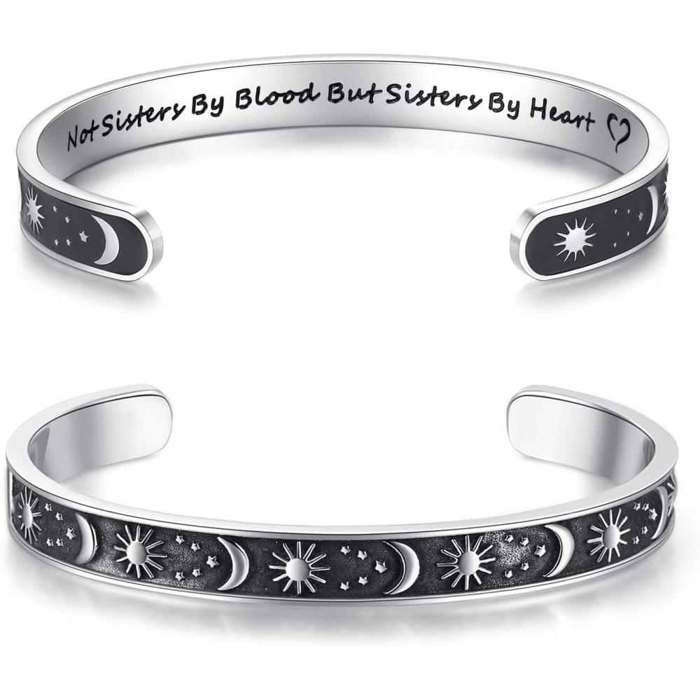 imageTONY amp SANDY Inspirational Bracelets for Women Teen Girls Personalized Gifts for Daughter Granddaughter Mom Sister Friends Stainless Steel Engraved Cuff Birthday Easter ChristmasA  Sister Gifts  Sun  Moon  Not sisters by blood but sisters by heart