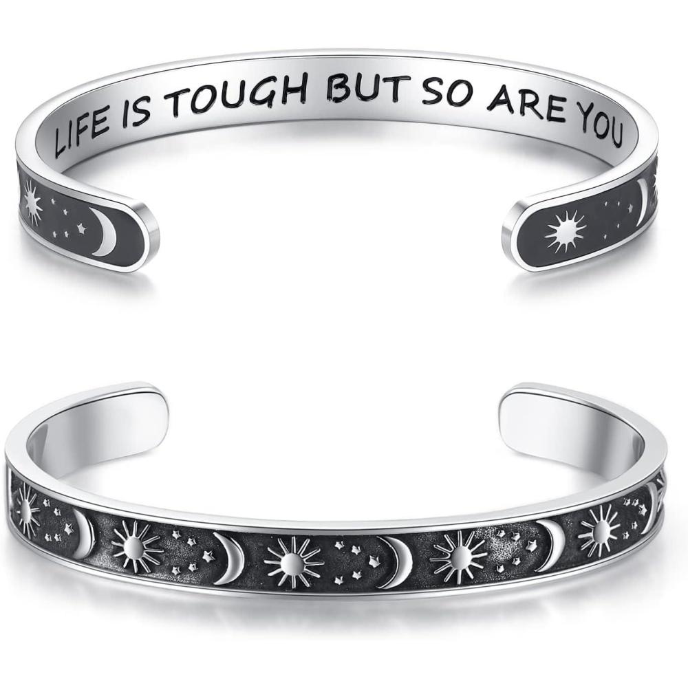 imageTONY amp SANDY Inspirational Bracelets for Women Teen Girls Personalized Gifts for Daughter Granddaughter Mom Sister Friends Stainless Steel Engraved Cuff Birthday Easter ChristmasA Sun Moon Life is tough but so are you