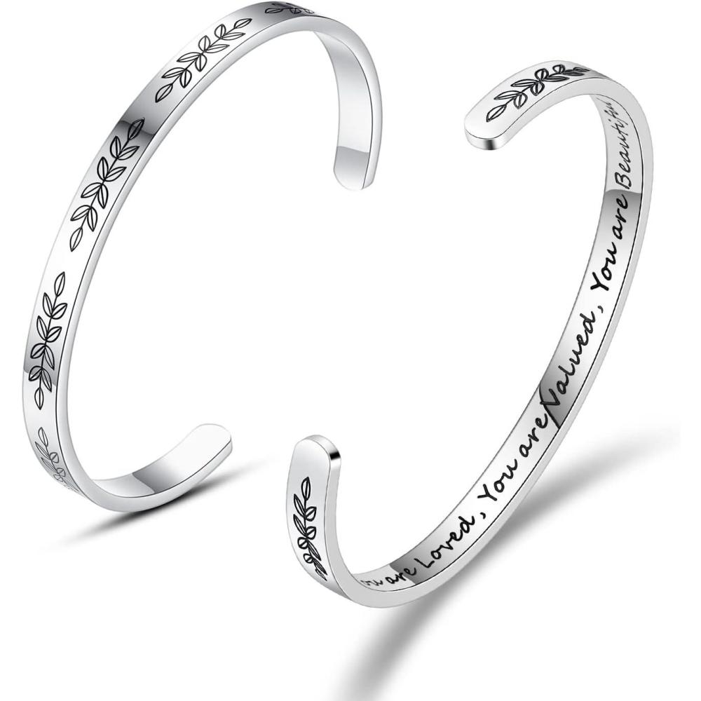 imageTONY amp SANDY Inspirational Bracelets for Women Teen Girls Personalized Gifts for Daughter Granddaughter Mom Sister Friends Stainless Steel Engraved Cuff Birthday Easter ChristmasLeaf You are loved you are valued you are beautiful