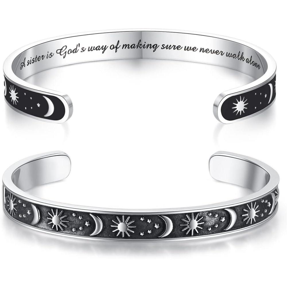 imageTONY amp SANDY Inspirational Bracelets for Women Teen Girls Personalized Gifts for Daughter Granddaughter Mom Sister Friends Stainless Steel Engraved Cuff Birthday Easter ChristmasA Sister Gifts Sun Moon A sister is gods way of making sure we never walk alone