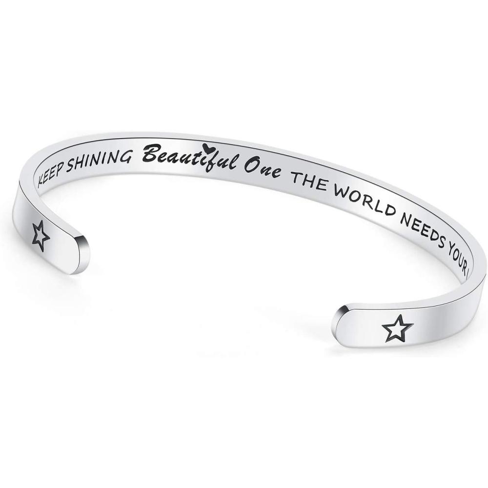 imageTONY amp SANDY Inspirational Bracelets for Women Teen Girls Personalized Gifts for Daughter Granddaughter Mom Sister Friends Stainless Steel Engraved Cuff Birthday Easter ChristmasA Keep shining beautiful one the world needs your light