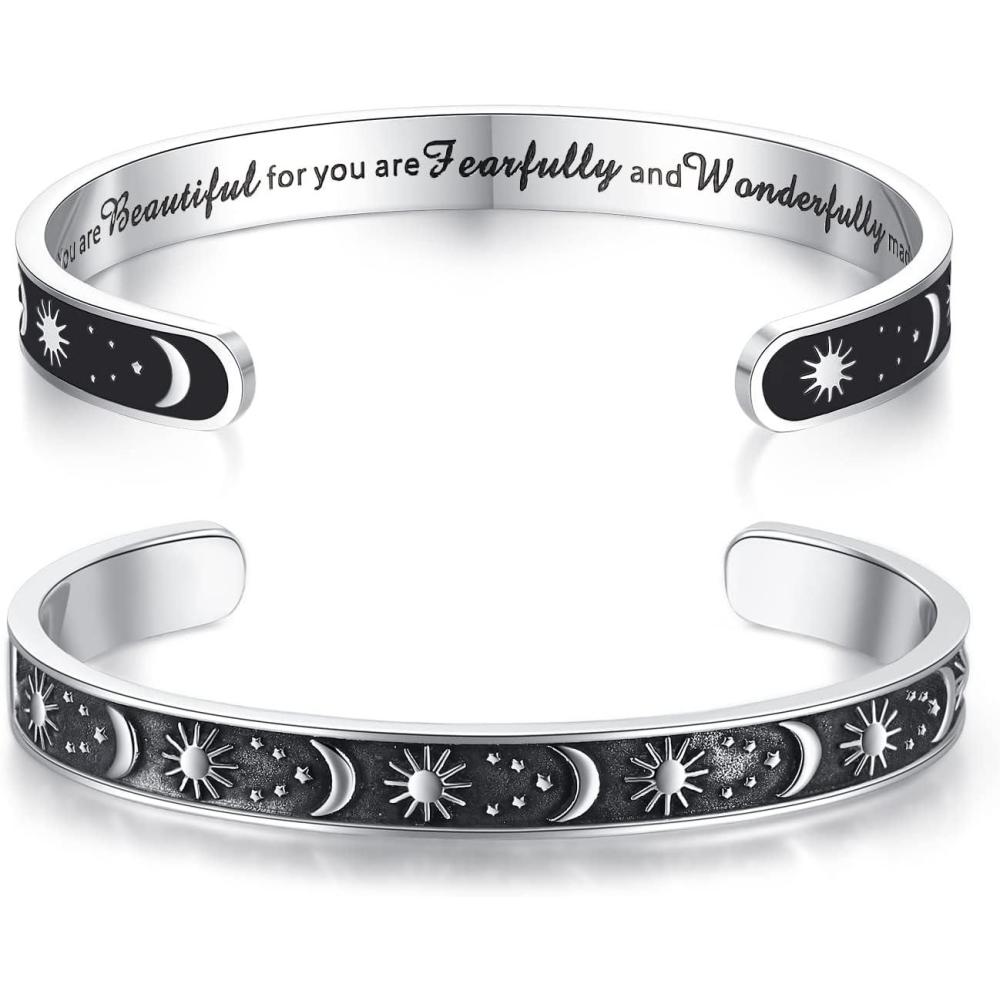imageTONY amp SANDY Inspirational Bracelets for Women Teen Girls Personalized Gifts for Daughter Granddaughter Mom Sister Friends Stainless Steel Engraved Cuff Birthday Easter ChristmasA Sun Moon You are beautiful for you are fearfully and wonderfully made