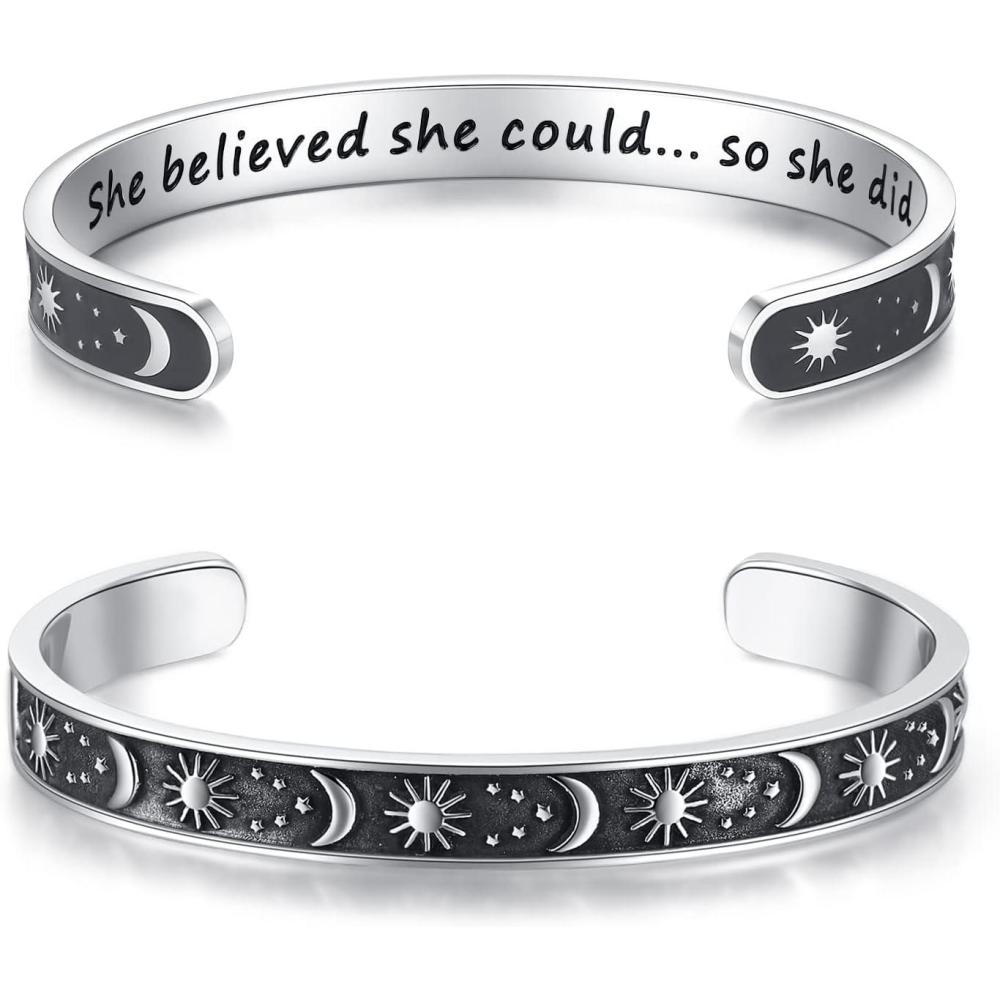 imageTONY amp SANDY Inspirational Bracelets for Women Teen Girls Personalized Gifts for Daughter Granddaughter Mom Sister Friends Stainless Steel Engraved Cuff Birthday Easter ChristmasA Sun Moon She believed she could so she did