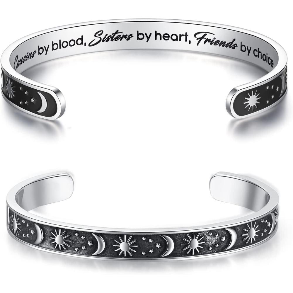 imageTONY amp SANDY Inspirational Bracelets for Women Teen Girls Personalized Gifts for Daughter Granddaughter Mom Sister Friends Stainless Steel Engraved Cuff Birthday Easter ChristmasA  Cousin Gifts  Sun  Moon  Cousins by blood sisters by heart friends by choice