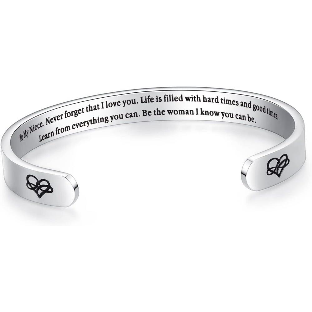 imageTONY amp SANDY Inspirational Bracelets for Women Teen Girls Personalized Gifts for Daughter Granddaughter Mom Sister Friends Stainless Steel Engraved Cuff Birthday Easter ChristmasA Niece Gifts Never forget that I love youBe the woman I know you can be