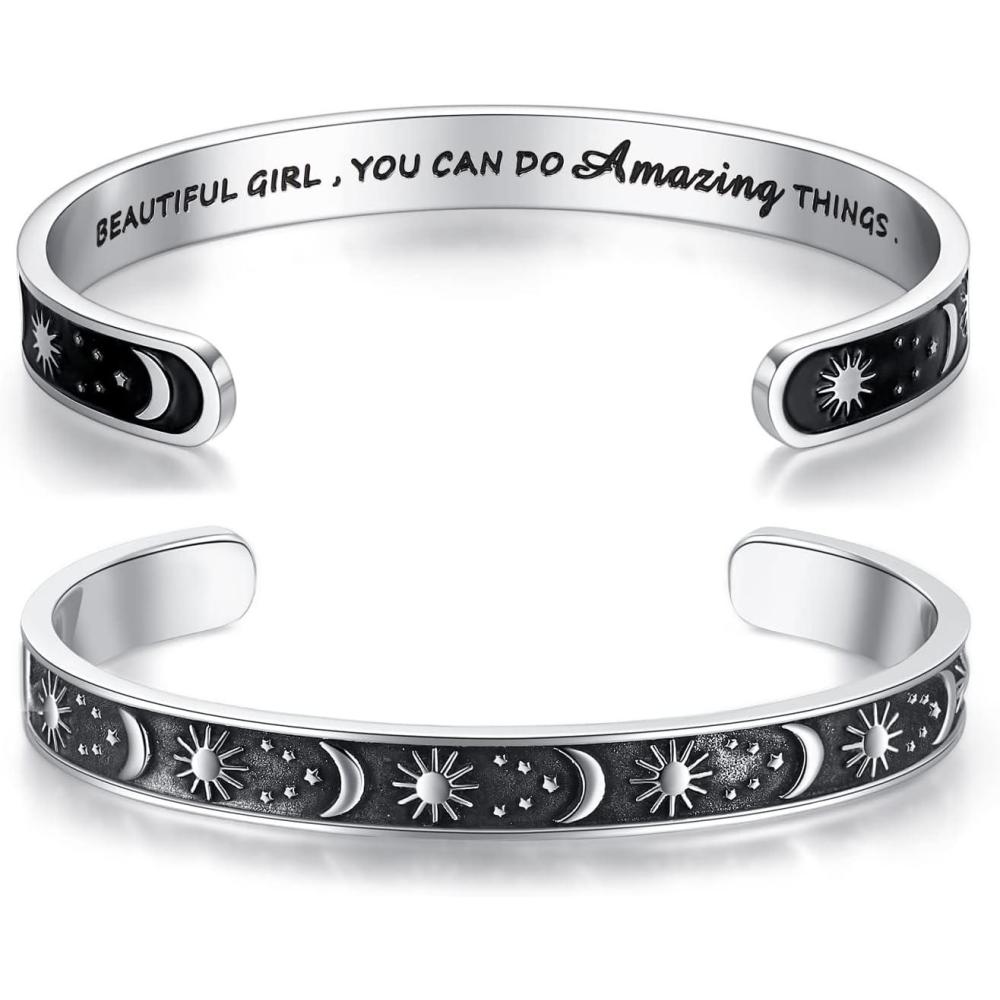imageTONY amp SANDY Inspirational Bracelets for Women Teen Girls Personalized Gifts for Daughter Granddaughter Mom Sister Friends Stainless Steel Engraved Cuff Birthday Easter ChristmasA Sun Moon Beautiful you can do amazing things