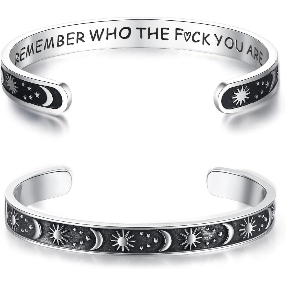 imageTONY amp SANDY Inspirational Bracelets for Women Teen Girls Personalized Gifts for Daughter Granddaughter Mom Sister Friends Stainless Steel Engraved Cuff Birthday Easter ChristmasA Sun Moon Remember who the f you are bracelet