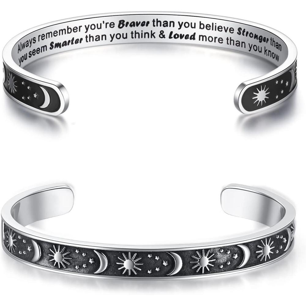 imageTONY amp SANDY Inspirational Bracelets for Women Teen Girls Personalized Gifts for Daughter Granddaughter Mom Sister Friends Stainless Steel Engraved Cuff Birthday Easter ChristmasA  Sun  Moon  Always remember youre braver than you believe