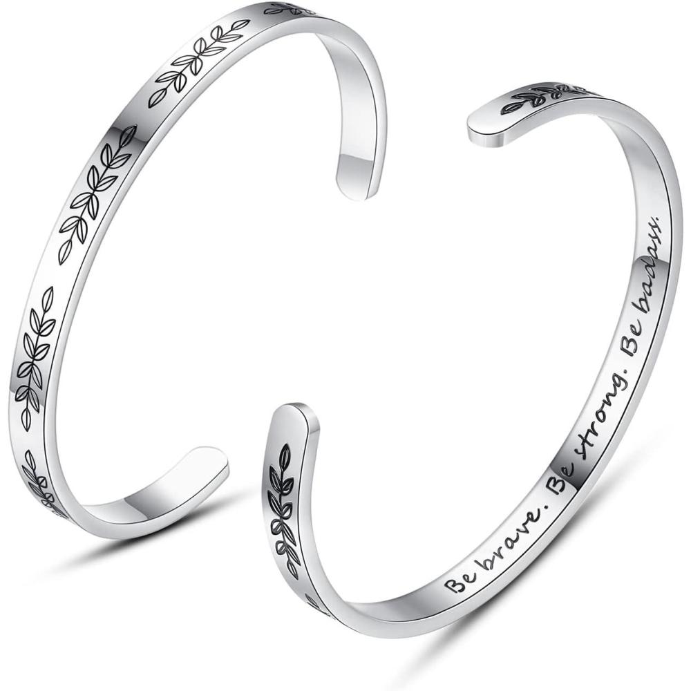 imageTONY amp SANDY Inspirational Bracelets for Women Teen Girls Personalized Gifts for Daughter Granddaughter Mom Sister Friends Stainless Steel Engraved Cuff Birthday Easter ChristmasA  Be brave be strong be badass Leaf