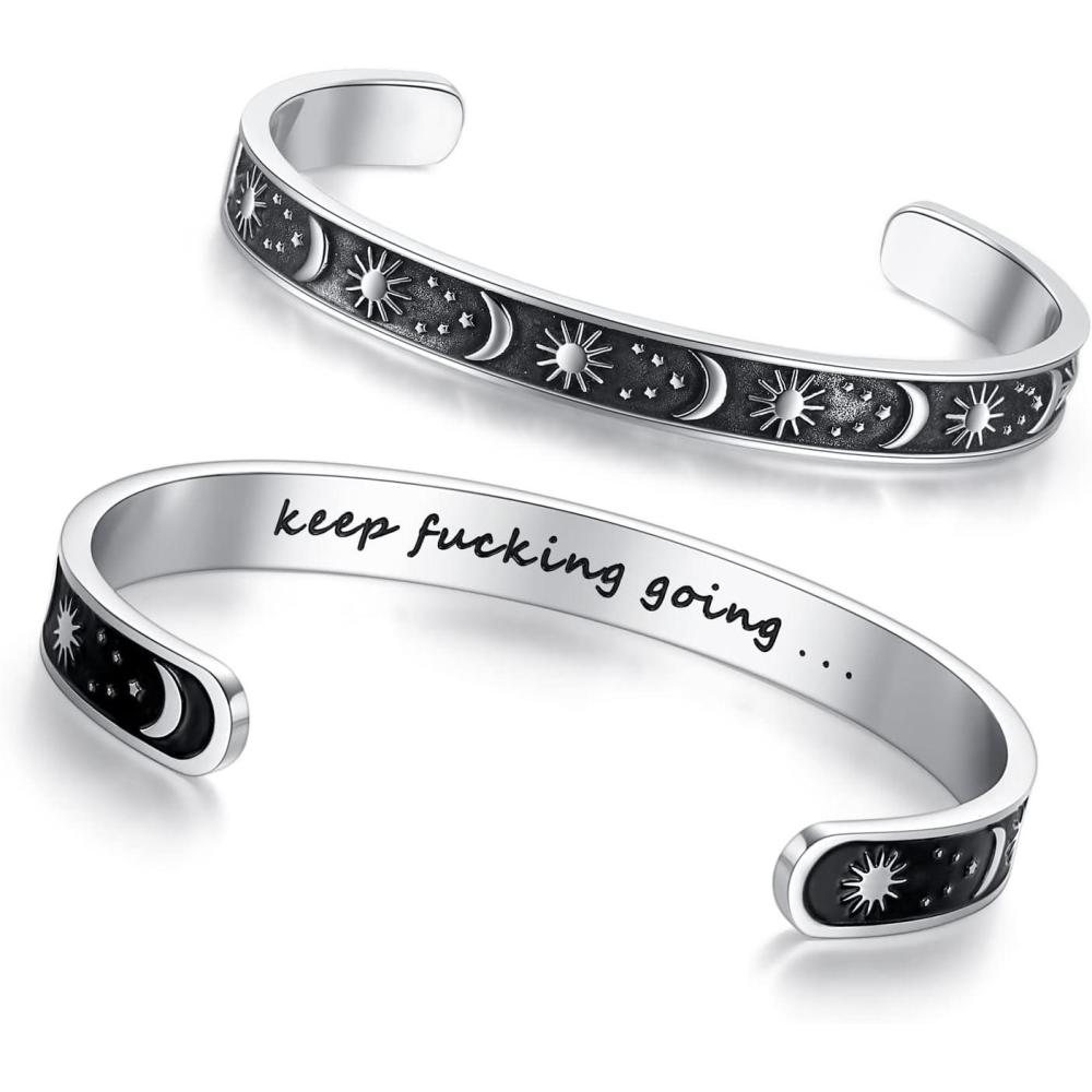 imageTONY amp SANDY Inspirational Bracelets for Women Teen Girls Personalized Gifts for Daughter Granddaughter Mom Sister Friends Stainless Steel Engraved Cuff Birthday Easter ChristmasKeep going Sun Moon