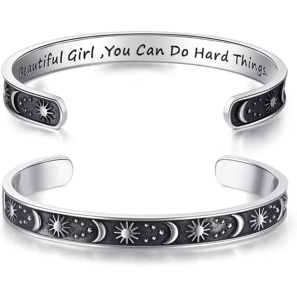 imageTONY amp SANDY Inspirational Bracelets for Women Teen Girls Personalized Gifts for Daughter Granddaughter Mom Sister Friends Stainless Steel Engraved Cuff Birthday Easter ChristmasA Sun Moon Beautiful girl you can do hard things