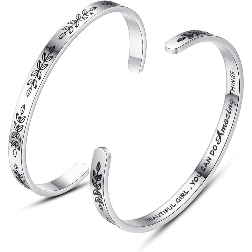 imageTONY amp SANDY Inspirational Bracelets for Women Teen Girls Personalized Gifts for Daughter Granddaughter Mom Sister Friends Stainless Steel Engraved Cuff Birthday Easter ChristmasLeaf Beautiful girl you can do amazing things