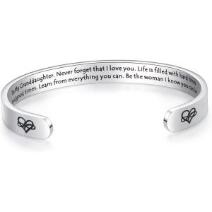 TONY & SANDY Inspirational Bracelets for Women Teen Girls Personalized Gifts for Daughter Granddaughter Mom Sister Friends Stainless Steel Engraved Cuff Birthday Easter Christmas(A – Granddaughter Gifts – Never forget that I love you…Be the woman I know you can be)