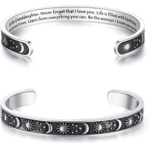 TONY & SANDY Inspirational Bracelets for Women Teen Girls Personalized Gifts for Daughter Granddaughter Mom Sister Friends Stainless Steel Engraved Cuff Birthday Easter Christmas(A – Granddaughter Gifts – Sun & Moon – Never forget that I love you…)