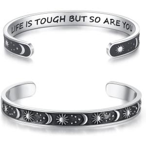 TONY & SANDY Inspirational Bracelets for Women Teen Girls Personalized Gifts for Daughter Granddaughter Mom Sister Friends Stainless Steel Engraved Cuff Birthday Easter Christmas(A – Sun & Moon – Life is tough but so are you)