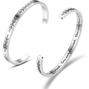 TONY & SANDY Inspirational Bracelets for Women Teen Girls Personalized Gifts for Daughter Granddaughter Mom Sister Friends Stainless Steel Engraved Cuff Birthday Easter Christmas(Leaf – You are loved you are valued you are beautiful)