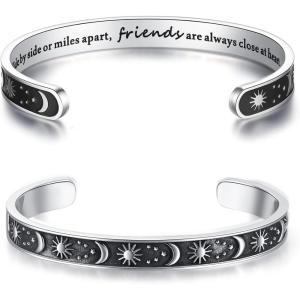 TONY & SANDY Inspirational Bracelets for Women Teen Girls Personalized Gifts for Daughter Granddaughter Mom Sister Friends Stainless Steel Engraved Cuff Birthday Easter Christmas(A – Friend Gifts – Sun & Moon – Side by side or miles apart  friends are always close at heart)