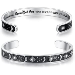 TONY & SANDY Inspirational Bracelets for Women Teen Girls Personalized Gifts for Daughter Granddaughter Mom Sister Friends Stainless Steel Engraved Cuff Birthday Easter Christmas(A – Sun & Moon – Keep shining beautiful one the world needs your light)