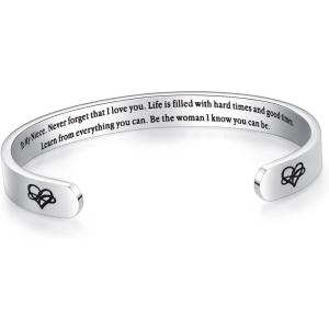 TONY & SANDY Inspirational Bracelets for Women Teen Girls Personalized Gifts for Daughter Granddaughter Mom Sister Friends Stainless Steel Engraved Cuff Birthday Easter Christmas(A – Niece Gifts – Never forget that I love you…Be the woman I know you can be)
