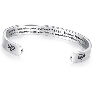 TONY & SANDY Inspirational Bracelets for Women Teen Girls Personalized Gifts for Daughter Granddaughter Mom Sister Friends Stainless Steel Engraved Cuff Birthday Easter Christmas(A – Always remember you’re braver than you believe stronger than … loved more than you know)