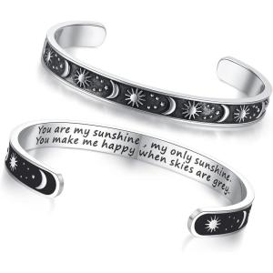 TONY & SANDY Inspirational Bracelets for Women Teen Girls Personalized Gifts for Daughter Granddaughter Mom Sister Friends Stainless Steel Engraved Cuff Birthday Easter Christmas(A – Sun & Moon – You are my sunshine my only sunshine you make me happy when skies..)