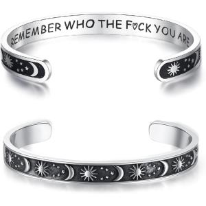 TONY & SANDY Inspirational Bracelets for Women Teen Girls Personalized Gifts for Daughter Granddaughter Mom Sister Friends Stainless Steel Engraved Cuff Birthday Easter Christmas(A – Sun & Moon – Remember who the f you are bracelet)