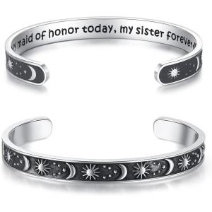 TONY & SANDY Inspirational Bracelets for Women Teen Girls Personalized Gifts for Daughter Granddaughter Mom Sister Friends Stainless Steel Engraved Cuff Birthday Easter Christmas(Wedding Gifts – Sun & Moon – My maid of honor today  my sister forever)