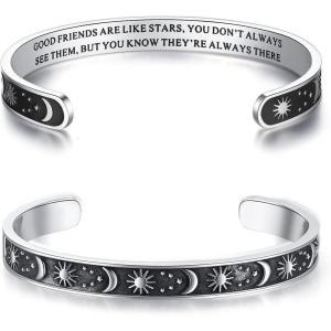 TONY & SANDY Inspirational Bracelets for Women Teen Girls Personalized Gifts for Daughter Granddaughter Mom Sister Friends Stainless Steel Engraved Cuff Birthday Easter Christmas(A – Sun & Moon – Good friends are like stars…- Friend Gifts)