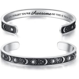TONY & SANDY Inspirational Bracelets for Women Teen Girls Personalized Gifts for Daughter Granddaughter Mom Sister Friends Stainless Steel Engraved Cuff Birthday Easter Christmas(A – Sun & Moon – Sometimes you forget you re awesome so this is your reminder)