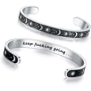 TONY & SANDY Inspirational Bracelets for Women Teen Girls Personalized Gifts for Daughter Granddaughter Mom Sister Friends Stainless Steel Engraved Cuff Birthday Easter Christmas(Keep going – Sun & Moon)