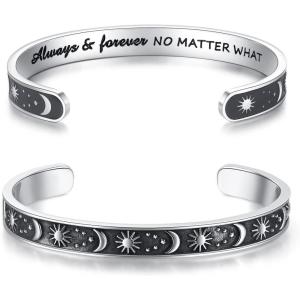 TONY & SANDY Inspirational Bracelets for Women Teen Girls Personalized Gifts for Daughter Granddaughter Mom Sister Friends Stainless Steel Engraved Cuff Birthday Easter Christmas(A – Sun & Moon – Always and forever no matter what)