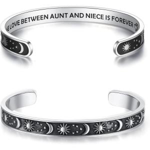 TONY & SANDY Inspirational Bracelets for Women Teen Girls Personalized Gifts for Daughter Granddaughter Mom Sister Friends Stainless Steel Engraved Cuff Birthday Easter Christmas(A – Sun & Moon – Aunt Niece Gifts – The love between an aunt and niece is forever)