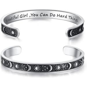 TONY & SANDY Inspirational Bracelets for Women Teen Girls Personalized Gifts for Daughter Granddaughter Mom Sister Friends Stainless Steel Engraved Cuff Birthday Easter Christmas(A – Sun & Moon – Beautiful girl you can do hard things)